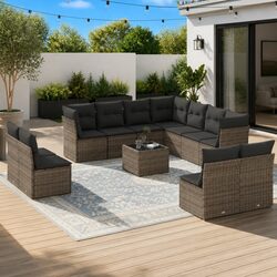 Durable Grey Poly Rattan 12 Piece Garden Sofa Set