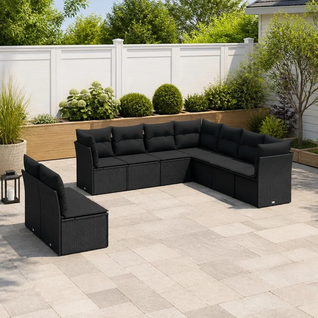 9 Piece Black Rattan Garden Sofa Set