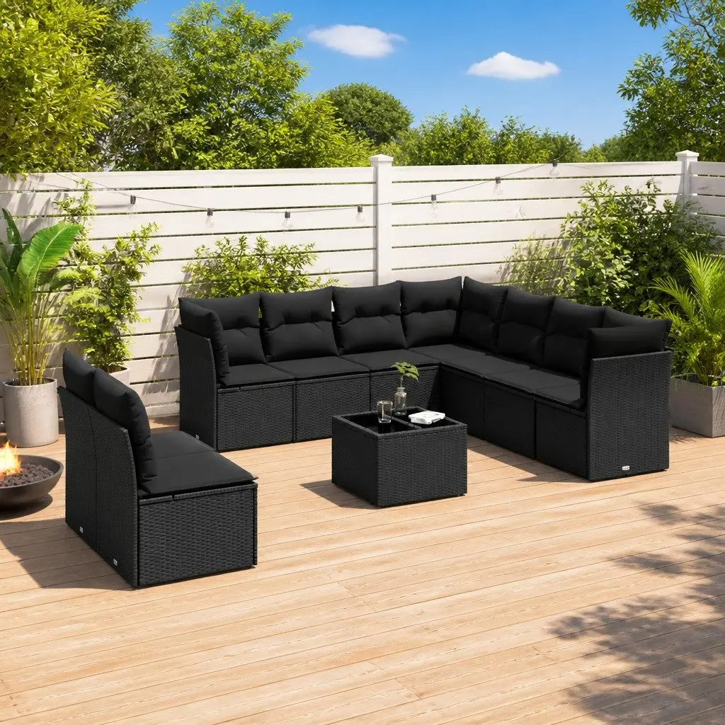 10 Piece Black Poly Rattan Garden Sofa Set