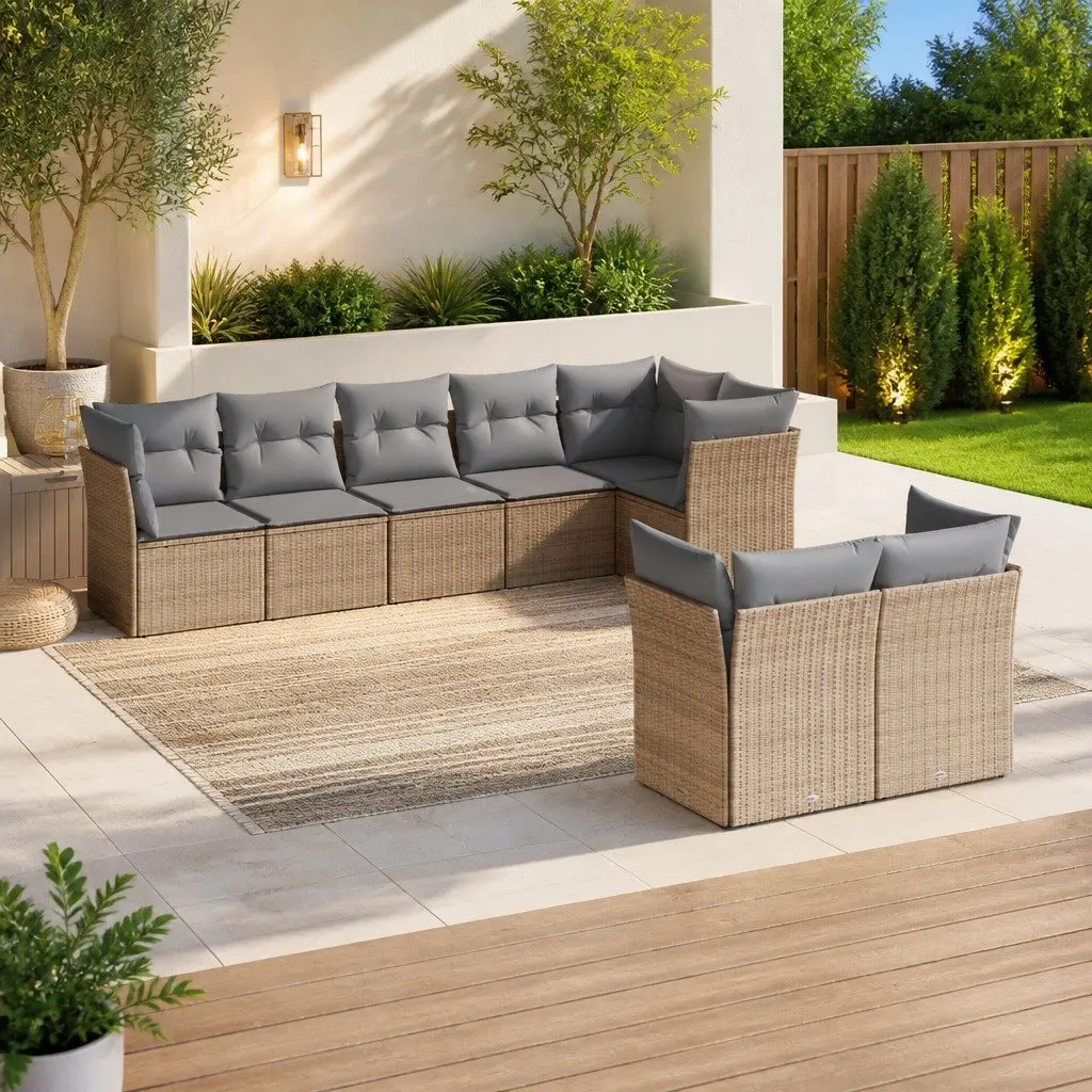 Garden Sofa Set PE Rattan 8 Piece Outdoor Furniture Beige Patio Lounge