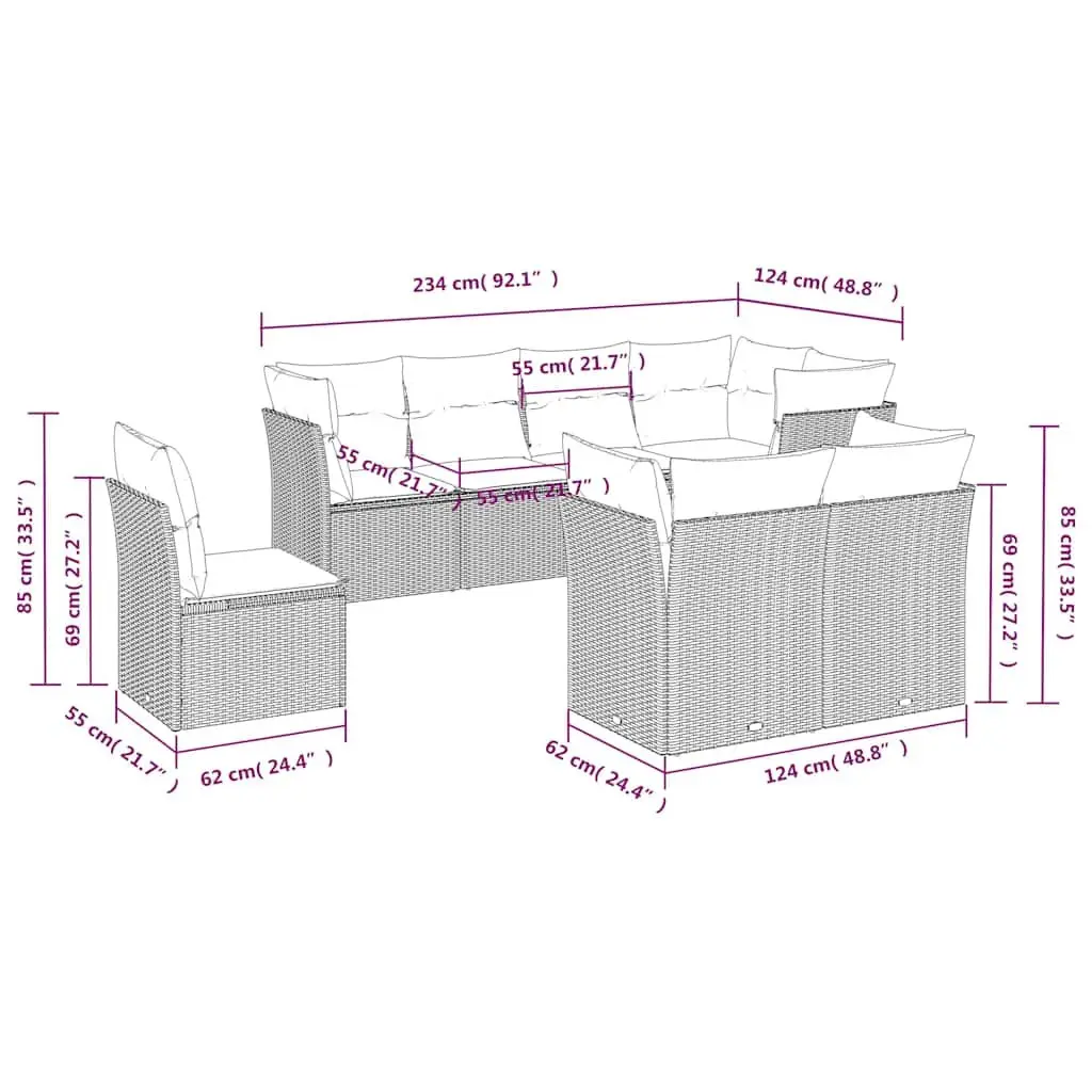8-Piece Modular Patio Sofa Set with Cushions in Black