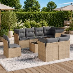 High-Quality 9 Piece Beige Rattan Garden Sofa Set