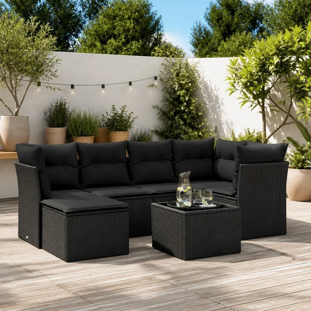 7 Piece Garden Sofa Set PE Rattan Black Outdoor Patio Furniture with Cushions