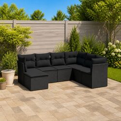 Durable 7 Piece Black Poly Rattan Garden Sofa Set