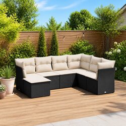 7 Piece Black Poly Rattan Garden Sofa Set with Cushions