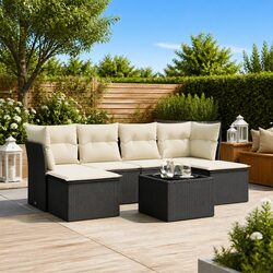 High-Quality 7 Piece Black Garden Sofa Set with Cushions