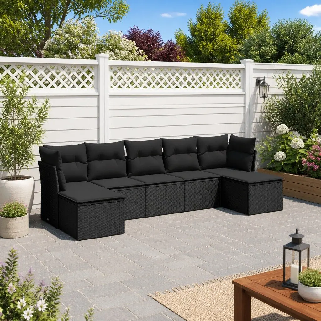 7-Piece Modular Garden Sofa Set in Black Poly Rattan