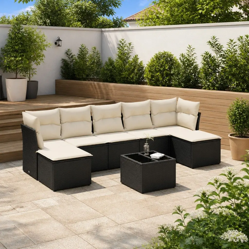8 Piece Garden Sofa Set PE Rattan Modular Black with Storage Cushions and Tempered Glass Tabletop