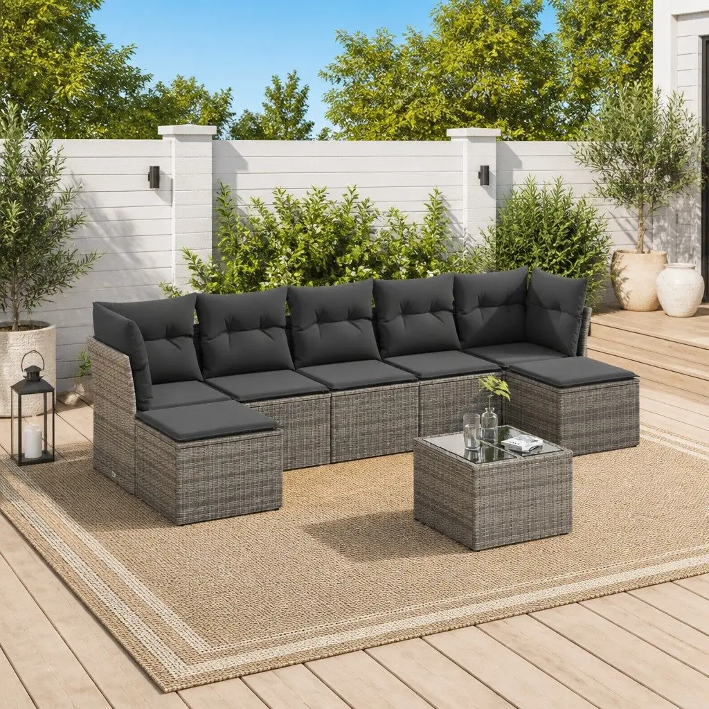 Garden Sofa Set PE Rattan 8 Piece Grey Modular Patio Furniture with Cushions