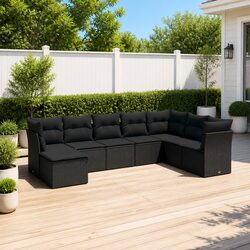 8-Piece Black Poly Rattan Outdoor Sofa Set with Cushions