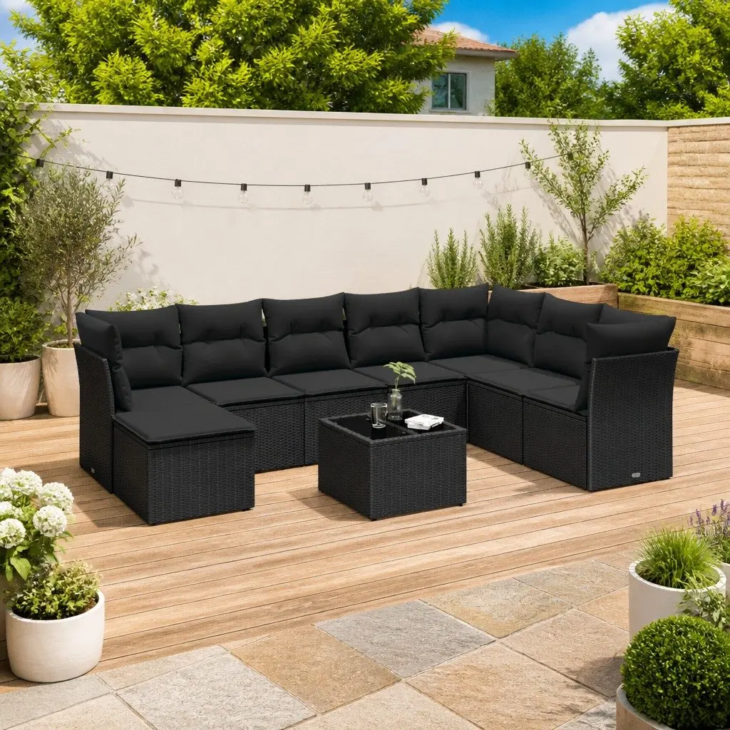Garden Sofa Set PE Rattan 9 Piece Outdoor Patio Furniture Black with Cushions