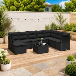 9-Piece Black Poly Rattan Garden Sofa Set with Cushions