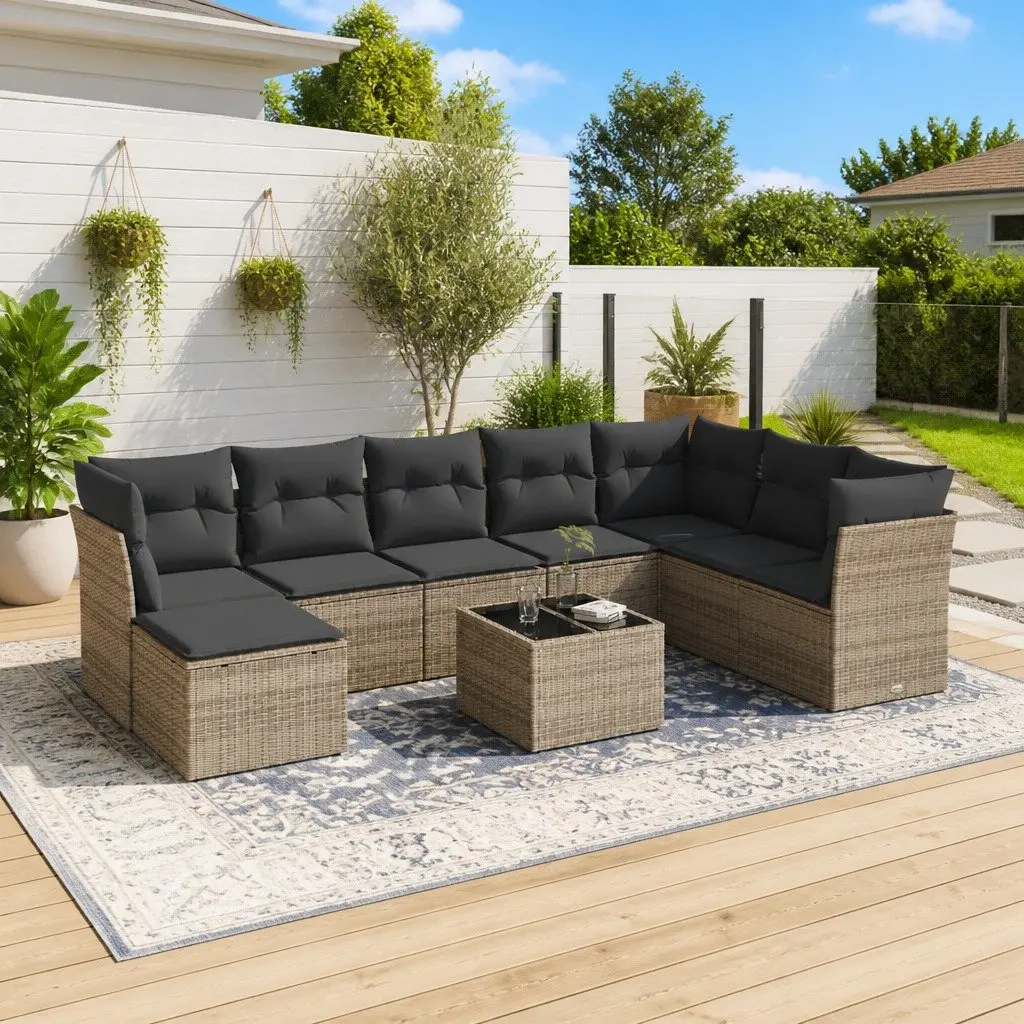 Garden Sofa Set PE Rattan 9 Piece Outdoor Furniture Grey with Storage Cushions