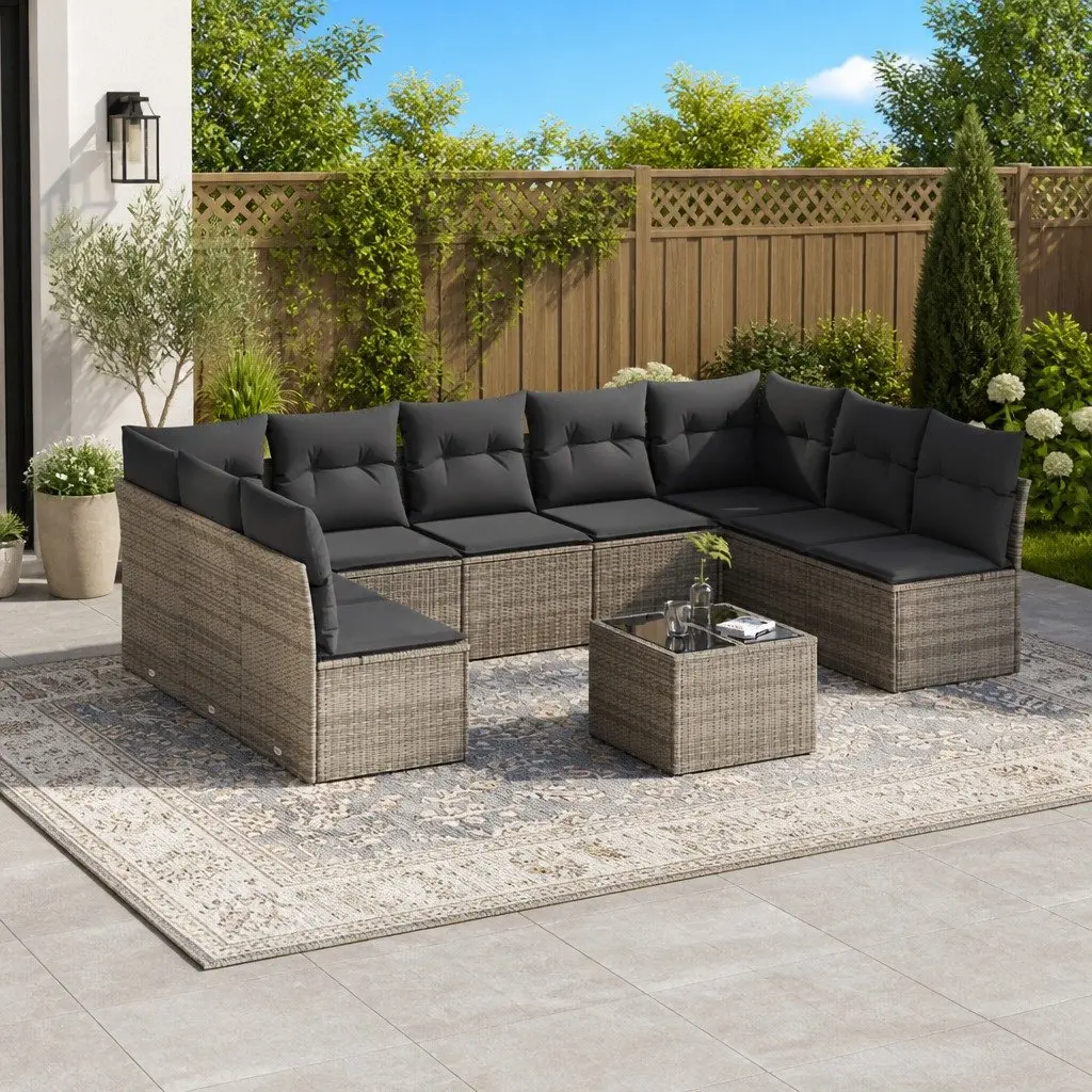 10 Piece Garden Sofa Set PE Rattan Grey Outdoor Lounge Furniture with Cushions