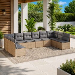 Beige Poly Rattan 10-Piece Outdoor Garden Sofa Set