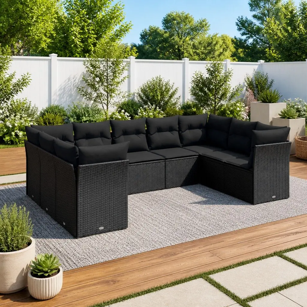 9 Piece Black Poly Rattan Garden Sofa Set
