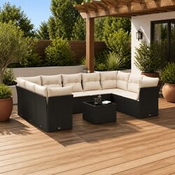 10-Piece Black Poly Rattan Garden Sofa Set