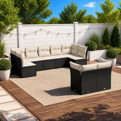 Sturdy 9-Piece Black Poly Rattan Outdoor Sofa Set