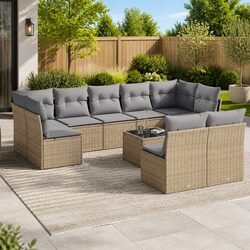 10-Piece Beige Poly Rattan Garden Sofa Set
