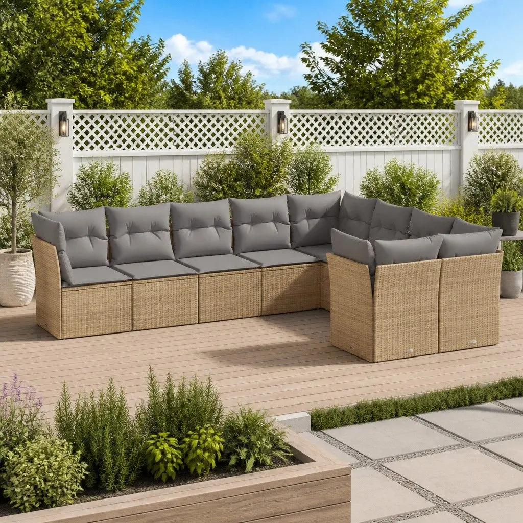 Garden Sofa Set PE Rattan 9 Piece Outdoor Furniture Beige Patio Seating