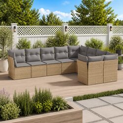 High-Quality 9 Piece Beige Poly Rattan Garden Sofa Set