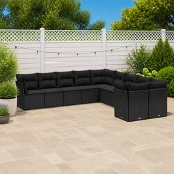 10-Piece Black Poly Rattan Garden Sofa Set for Outdoors