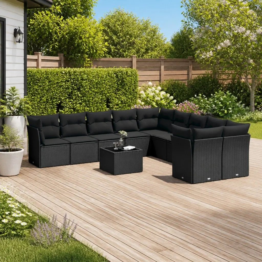 11 Piece Outdoor Garden Sofa Set Poly Rattan Black Cushions