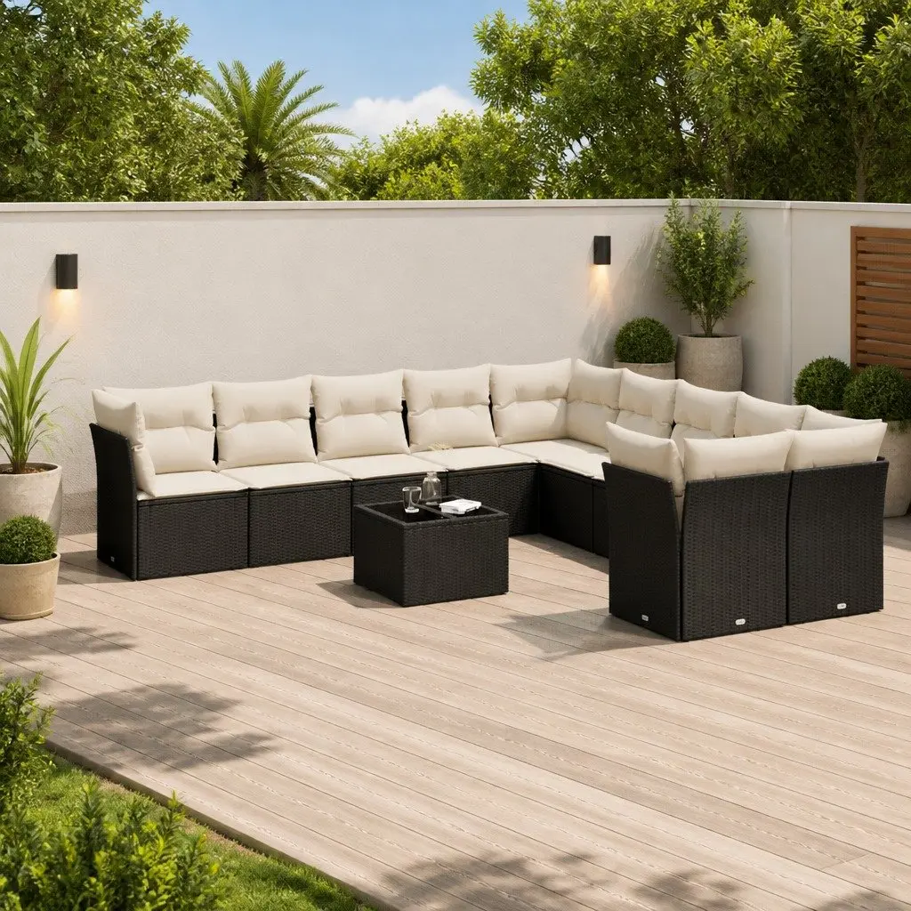 Outdoor Sofa Set PE Rattan 11 Piece Black Modular Patio Furniture with Cushions