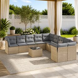 Outdoor Beige Garden Sofa Set - 11 Piece Rattan Seating