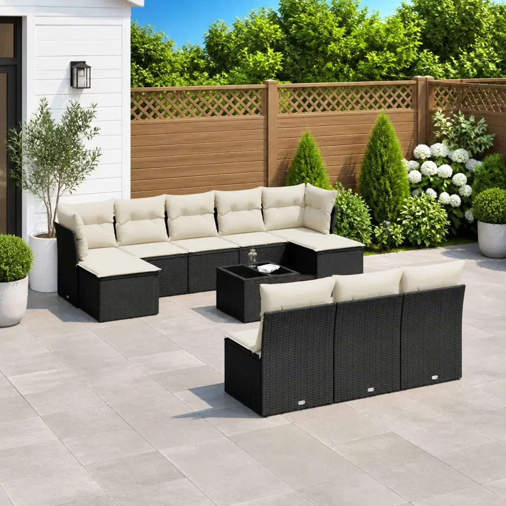 Garden Sofa Set PE Rattan 11 Piece Modular Outdoor Furniture Black Cream