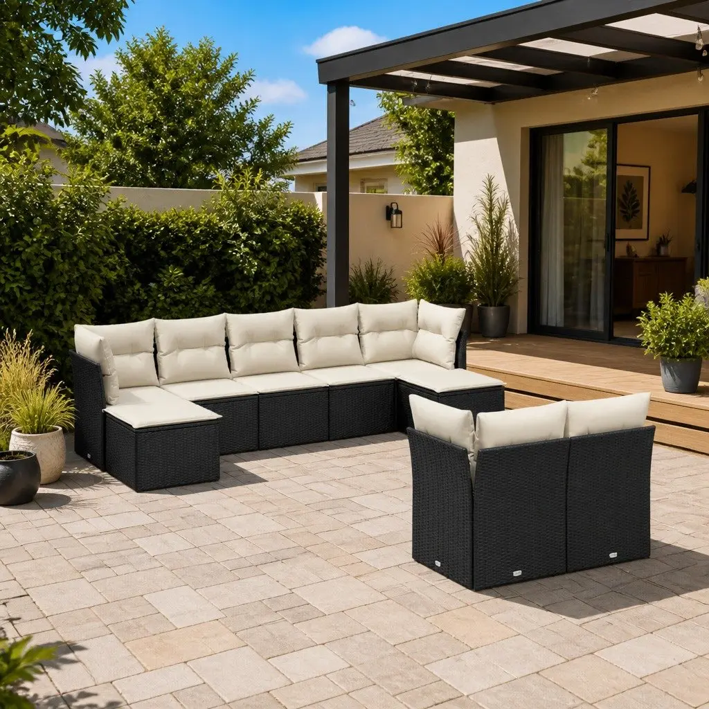Garden Sofa Set PE Rattan 9 Piece Outdoor Furniture Black Patio Seating