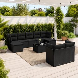 10-Piece Black Poly Rattan Garden Sofa Set for Outdoors