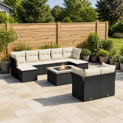 10-Piece Black Poly Rattan Garden Sofa Set with Cushions