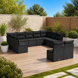 11-Piece Black Garden Sofa Set with Cushions for Outdoor Use