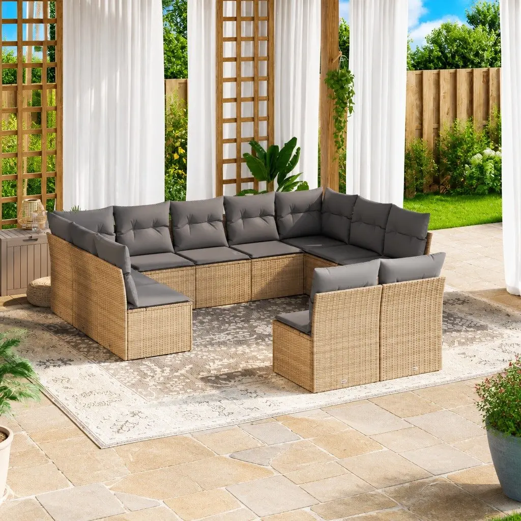 Outdoor Sofa Set PE Poly Rattan 11 Piece Modular Patio Furniture Beige