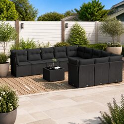 Durable 12-Piece Black Poly Rattan Garden Sofa Set