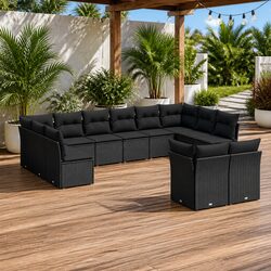 12 Piece Black Poly Rattan Garden Sofa Set for Outdoor