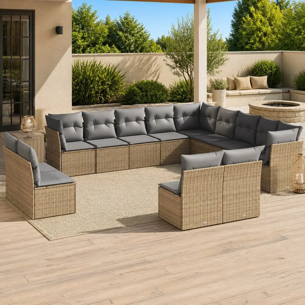 Garden Sofa Set PE Rattan 13 Piece Outdoor Furniture Beige Modular Patio