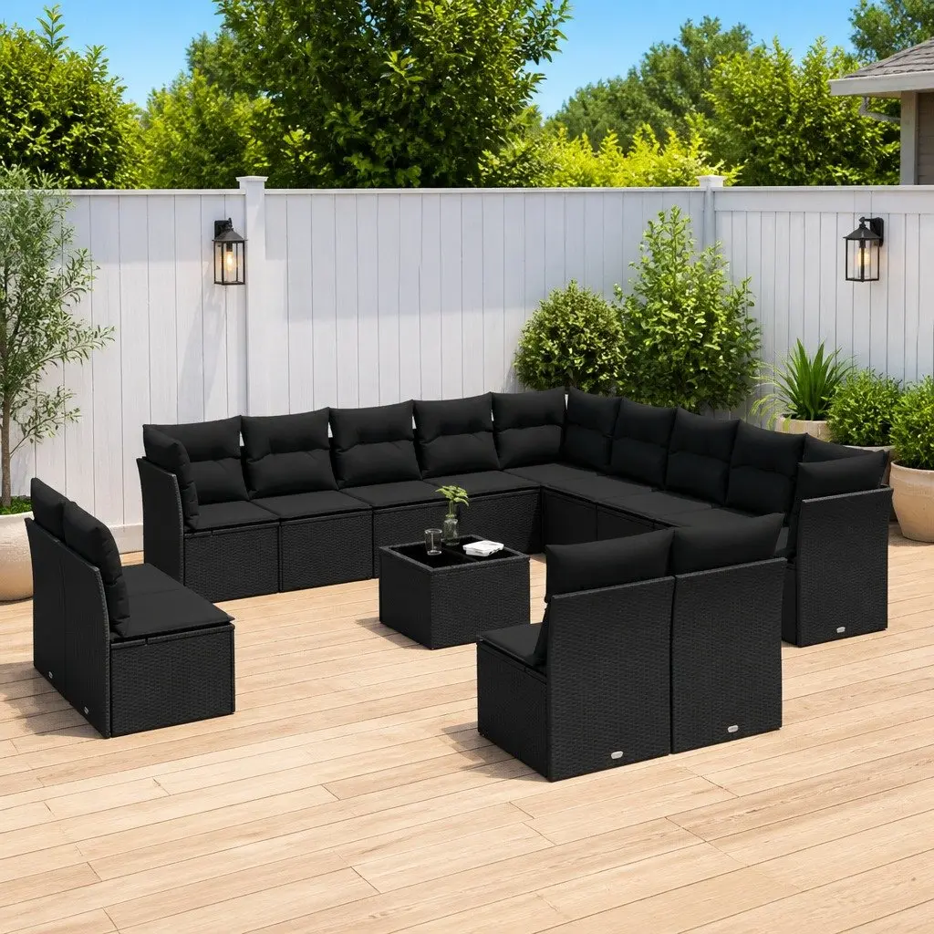 Garden Sofa Set 14 Piece Outdoor Furniture Black Poly Rattan Modular Patio