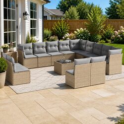 14-Piece Beige Poly Rattan Outdoor Sofa Set with Cushions