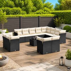 Premium 13 Piece Black Poly Rattan Garden Sofa Set