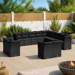 Modular 13-Piece Black Poly Rattan Garden Sofa Set