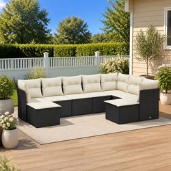 Durable 9 Piece Black Poly Rattan Garden Sofa Set