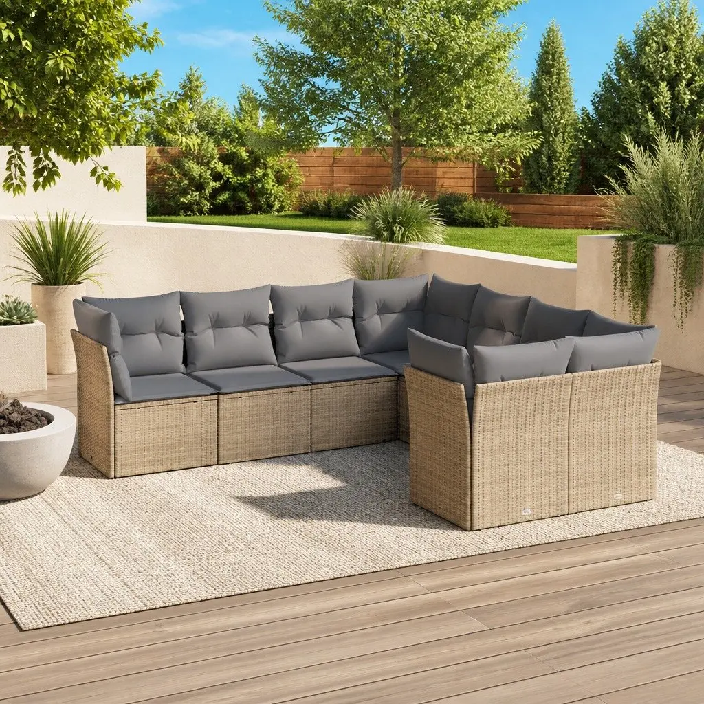 Beige Poly Rattan 8 Piece Modular Outdoor Sofa Set