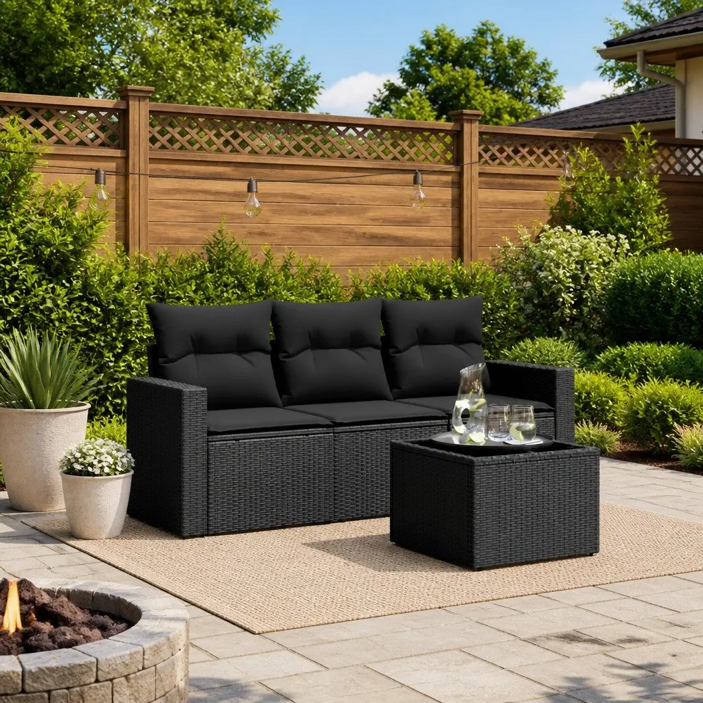 4-Piece Black Poly Rattan Outdoor Sofa Set