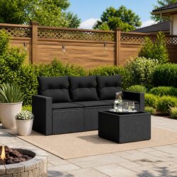 Durable 4-Piece Black Poly Rattan Outdoor Sofa Set