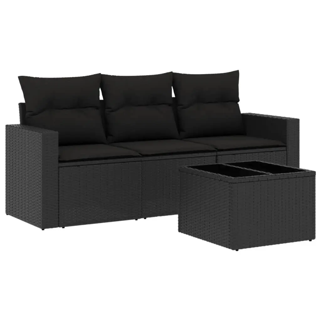 4-Piece Black Poly Rattan Outdoor Sofa Set