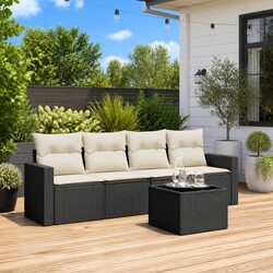 Black Poly Rattan 5 Piece Outdoor Sectional Sofa Set