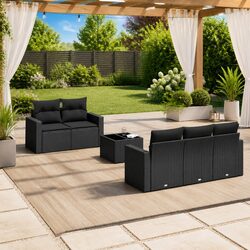Durable 6 Piece Black Poly Rattan Outdoor Sofa Set