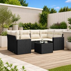 Durable 7-Piece Black Poly Rattan Outdoor Sectional Sofa Set